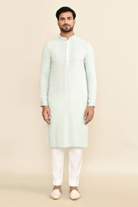 Buy_Kalighata_Aqua Embroidery Kurta Set _Online_at_Aza_Fashions