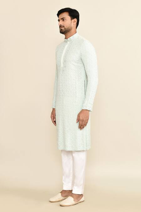 Shop_Kalighata_Aqua Embroidery Kurta Set _Online_at_Aza_Fashions