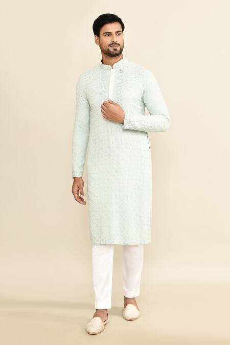 Kalighata_Aqua Embroidery Kurta Set _at_Aza_Fashions