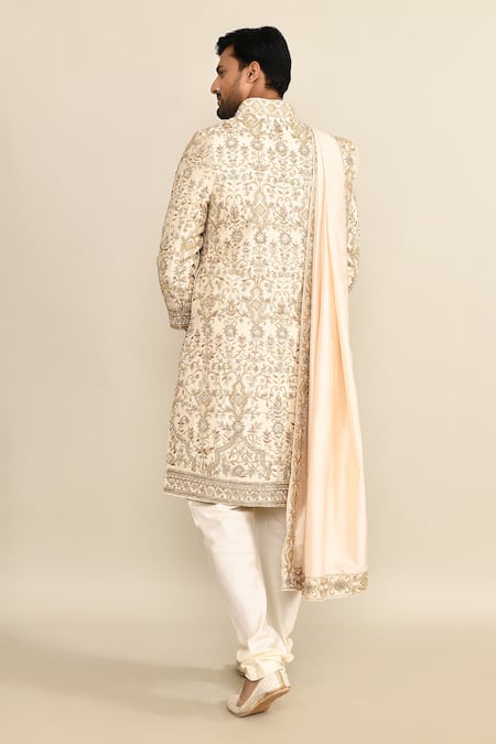 Shop_Kalighata_Ivory Silk Sequins, Cut Work Floral Embroidered Sherwani Set _at_Aza_Fashions