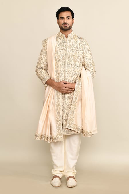 Shop_Kalighata_Ivory Silk Sequins, Cut Work Floral Embroidered Sherwani Set _Online_at_Aza_Fashions