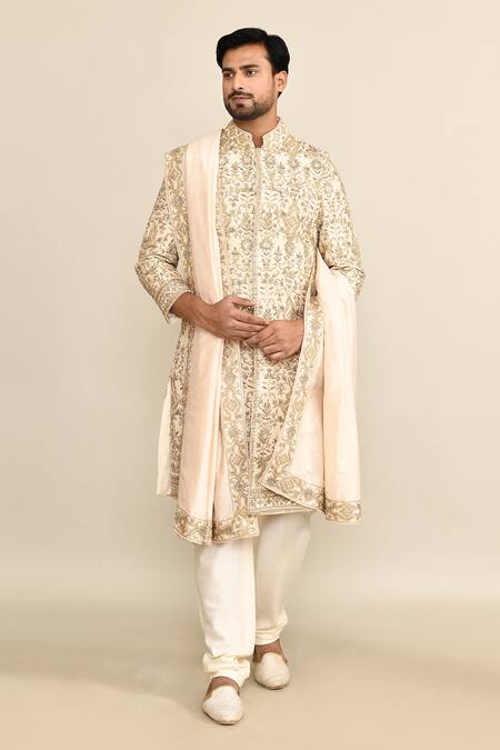 Kalighata_Ivory Silk Sequins, Cut Work Floral Embroidered Sherwani Set _at_Aza_Fashions