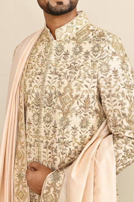 Shop_Kalighata_Ivory Silk Sequins, Cut Work Floral Embroidered Sherwani Set 