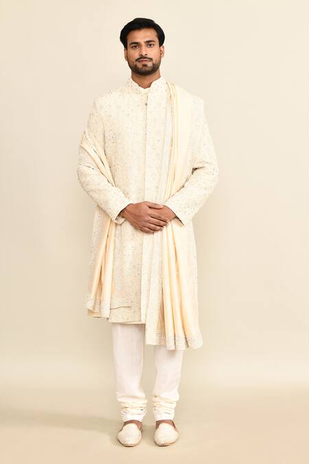 Shop_Kalighata_Ivory Silk Cut Work, Sequins, Embroidery Floral Sherwani Set _Online_at_Aza_Fashions