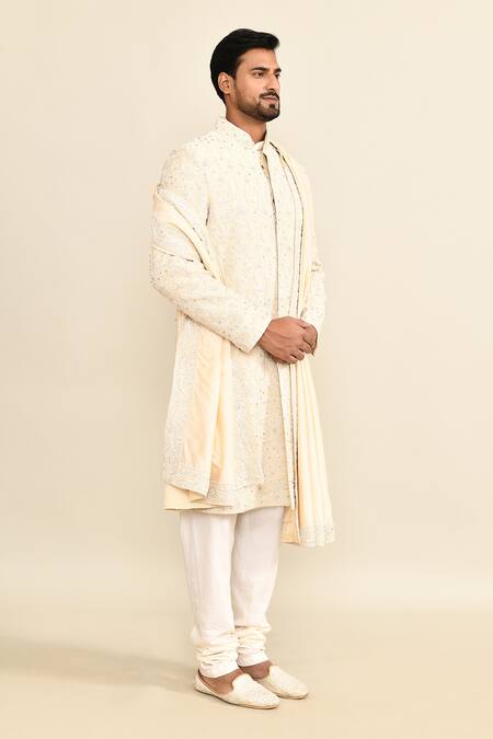 Kalighata_Ivory Silk Cut Work, Sequins, Embroidery Floral Sherwani Set _at_Aza_Fashions