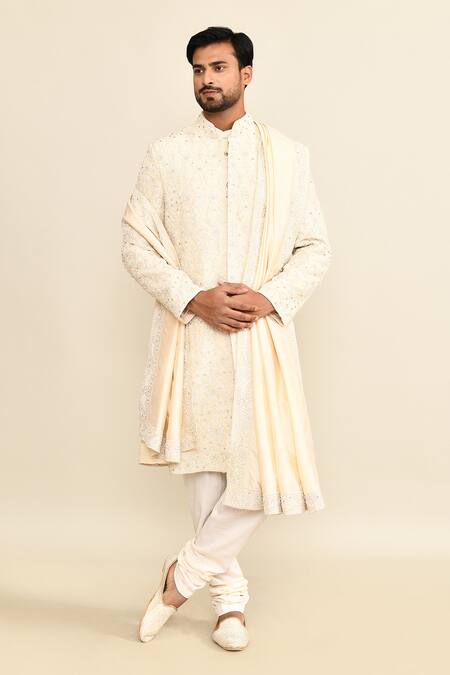 Buy_Kalighata_Ivory Silk Cut Work, Sequins, Embroidery Floral Sherwani Set 