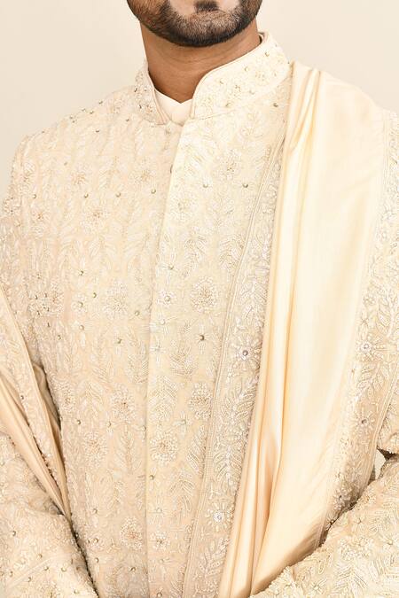 Shop_Kalighata_Ivory Silk Cut Work, Sequins, Embroidery Floral Sherwani Set 