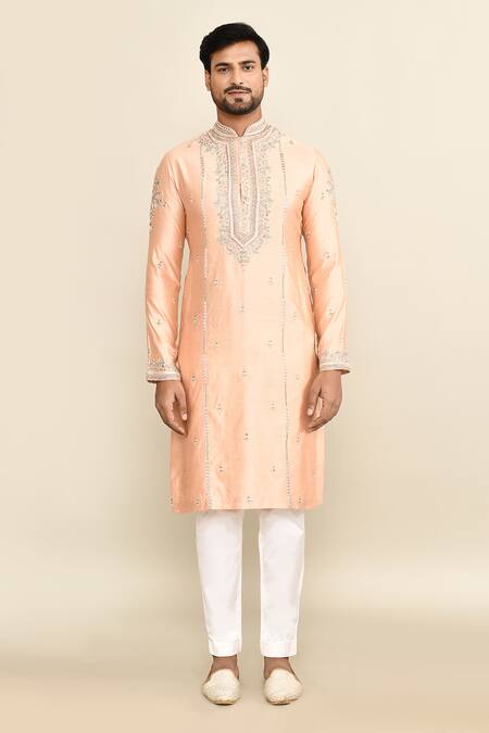 Buy_Kalighata_Peach Chanderi Embroidery Floral Kurta Set _Online_at_Aza_Fashions