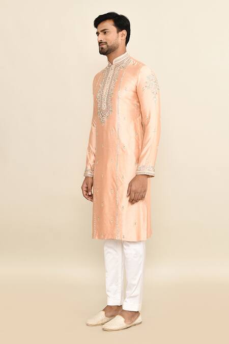 Shop_Kalighata_Peach Chanderi Embroidery Floral Kurta Set _Online_at_Aza_Fashions