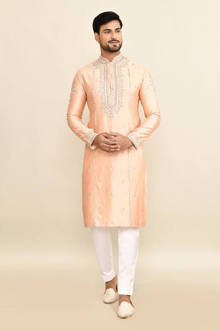 Kalighata_Peach Chanderi Embroidery Floral Kurta Set _at_Aza_Fashions