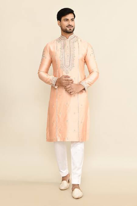 Buy_Kalighata_Peach Chanderi Embroidery Floral Kurta Set 