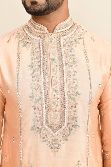 Shop_Kalighata_Peach Chanderi Embroidery Floral Kurta Set 
