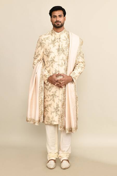 Shop_Kalighata_Ivory Silk Sequins, Cut Work Floral Embroidered Sherwani Set _Online_at_Aza_Fashions