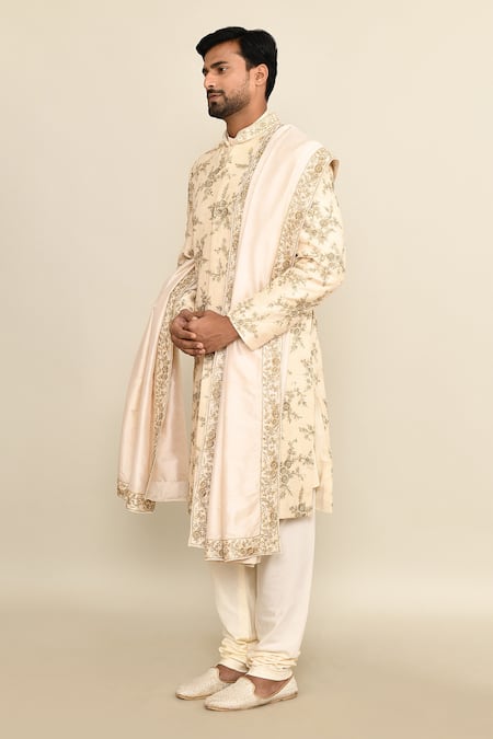 Kalighata_Ivory Silk Sequins, Cut Work Floral Embroidered Sherwani Set _at_Aza_Fashions