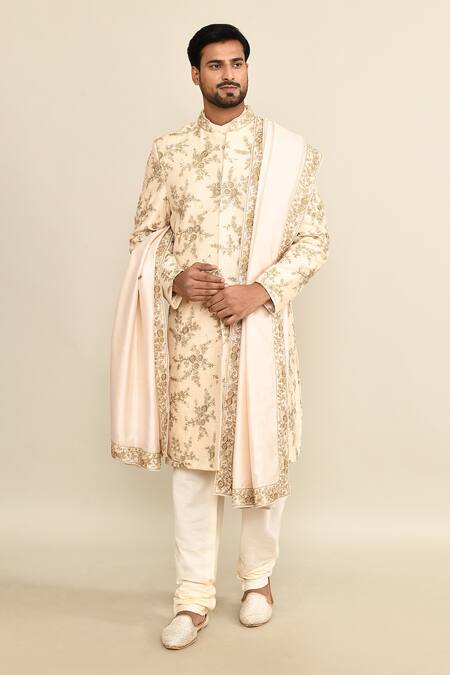 Buy_Kalighata_Ivory Silk Sequins, Cut Work Floral Embroidered Sherwani Set 