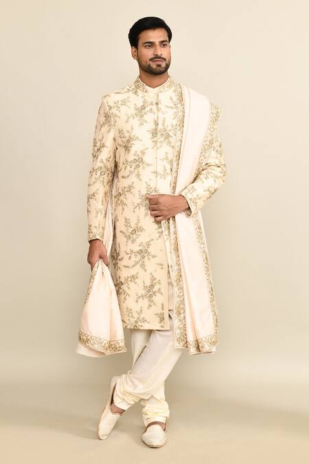 Shop_Kalighata_Ivory Silk Sequins, Cut Work Floral Embroidered Sherwani Set 