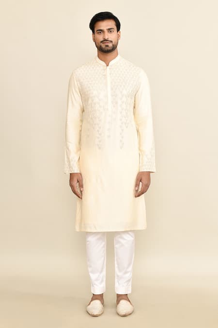 Buy_Kalighata_Ivory Chanderi Embroidery Geometric Kurta Set _Online_at_Aza_Fashions