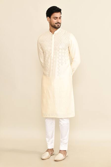 Kalighata_Ivory Chanderi Embroidery Geometric Kurta Set _at_Aza_Fashions