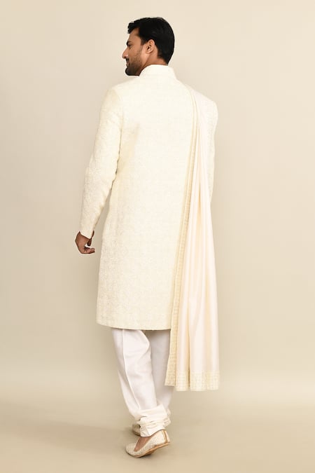 Shop_Kalighata_Ivory , Satin Sequins, Cut Work Geometric Cutdana Sherwani Set _at_Aza_Fashions