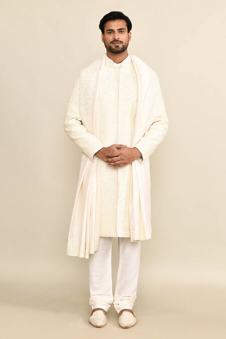 Shop_Kalighata_Ivory , Satin Sequins, Cut Work Geometric Cutdana Sherwani Set _Online_at_Aza_Fashions