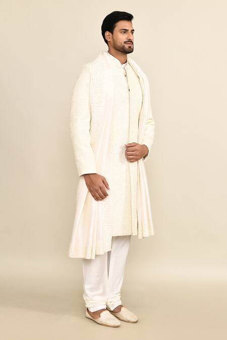Kalighata_Ivory , Satin Sequins, Cut Work Geometric Cutdana Sherwani Set _at_Aza_Fashions