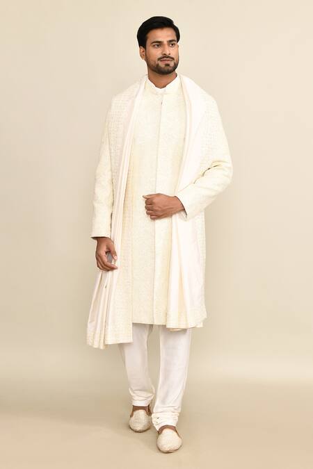 Buy_Kalighata_Ivory , Satin Sequins, Cut Work Geometric Cutdana Sherwani Set 