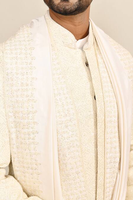 Shop_Kalighata_Ivory , Satin Sequins, Cut Work Geometric Cutdana Sherwani Set 