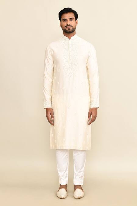 Buy_Kalighata_Ivory Chanderi Embroidery Floral Kurta Set _Online_at_Aza_Fashions