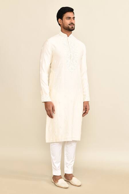 Shop_Kalighata_Ivory Chanderi Embroidery Floral Kurta Set _Online_at_Aza_Fashions