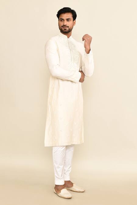Kalighata_Ivory Chanderi Embroidery Floral Kurta Set _at_Aza_Fashions