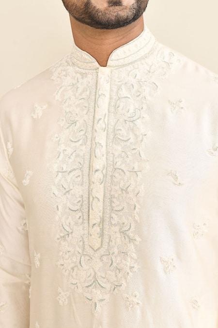 Shop_Kalighata_Ivory Chanderi Embroidery Floral Kurta Set 