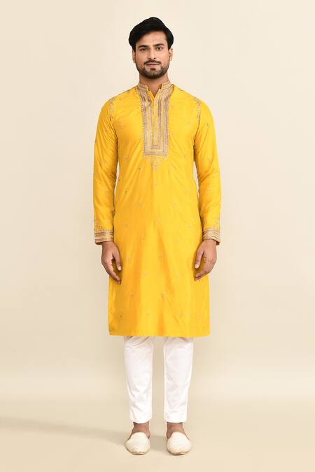 Buy_Kalighata_Yellow Chanderi Embroidery Floral Mustard Cutdana Kurta Set _Online_at_Aza_Fashions