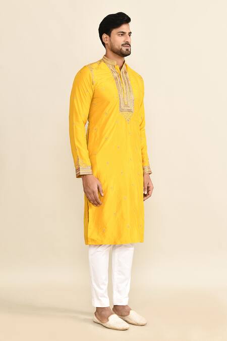 Shop_Kalighata_Yellow Chanderi Embroidery Floral Mustard Cutdana Kurta Set _Online_at_Aza_Fashions
