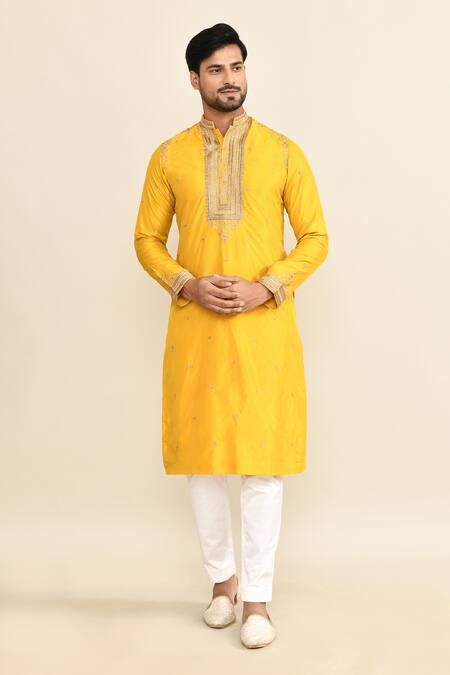 Kalighata_Yellow Chanderi Embroidery Floral Mustard Cutdana Kurta Set _at_Aza_Fashions