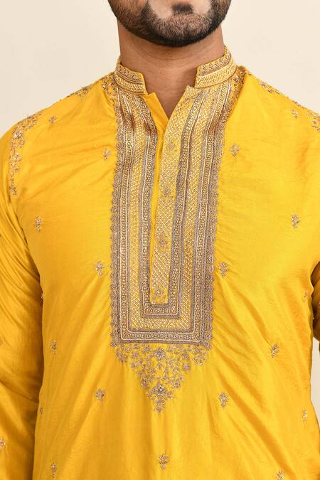 Shop_Kalighata_Yellow Chanderi Embroidery Floral Mustard Cutdana Kurta Set 