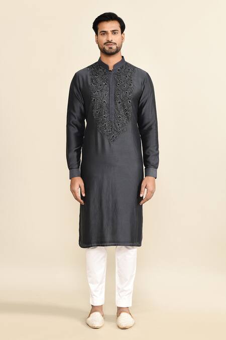 Buy_Kalighata_Blue Chanderi Embroidery Floral Navy Kurta Set _Online_at_Aza_Fashions