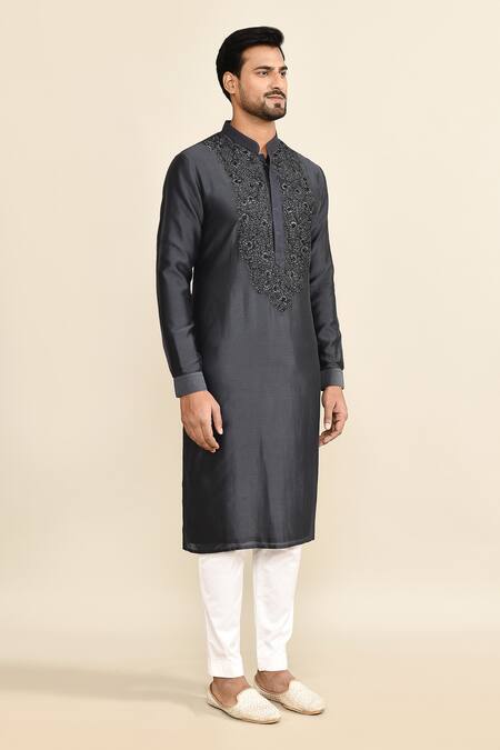 Shop_Kalighata_Blue Chanderi Embroidery Floral Navy Kurta Set _Online_at_Aza_Fashions
