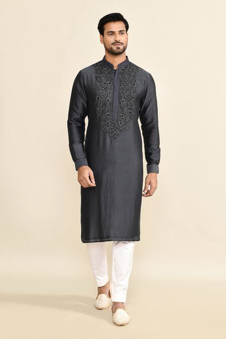 Kalighata_Blue Chanderi Embroidery Floral Navy Kurta Set _at_Aza_Fashions
