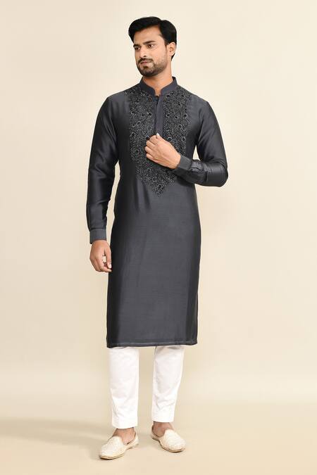 Buy_Kalighata_Blue Chanderi Embroidery Floral Navy Kurta Set 