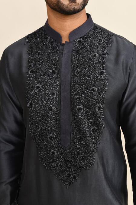 Shop_Kalighata_Blue Chanderi Embroidery Floral Navy Kurta Set 