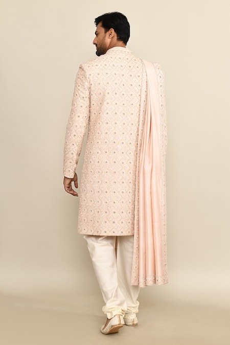 Shop_Kalighata_Pink Silk, Cotton Sequins, Cut Work Kundan Quatrefoil Embroidered Sherwani Set _at_Aza_Fashions