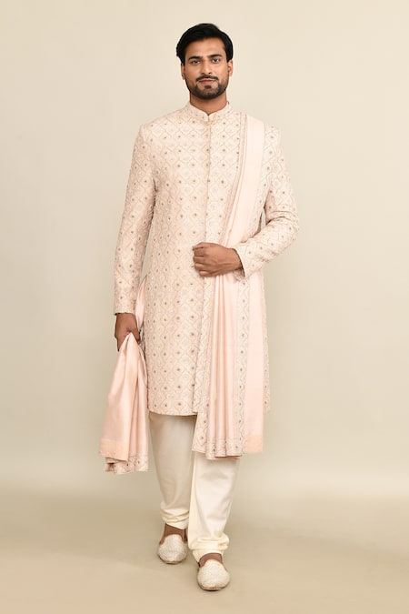 Buy_Kalighata_Pink Silk, Cotton Sequins, Cut Work Kundan Quatrefoil Embroidered Sherwani Set 
