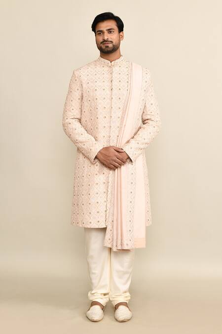 Shop_Kalighata_Pink Silk, Cotton Sequins, Cut Work Kundan Quatrefoil Embroidered Sherwani Set 
