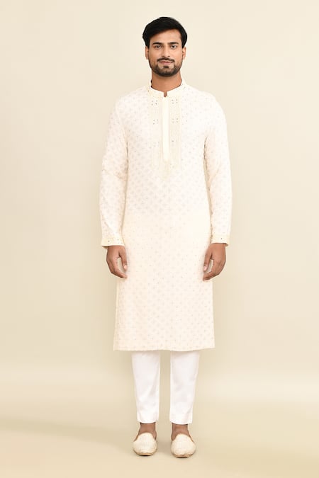 Buy_Kalighata_Ivory Embroidery Kurta Set _Online_at_Aza_Fashions