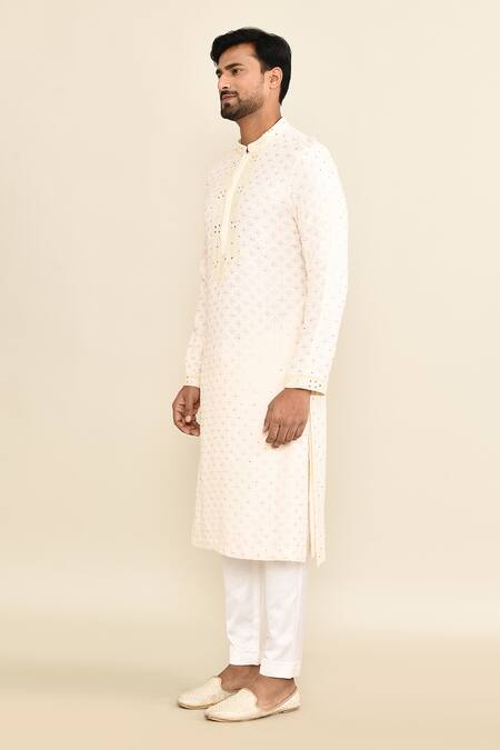 Shop_Kalighata_Ivory Embroidery Kurta Set _Online_at_Aza_Fashions