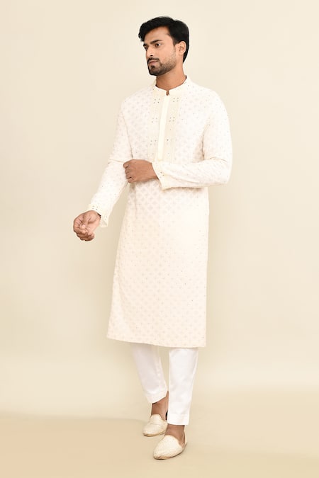 Kalighata_Ivory Embroidery Kurta Set _at_Aza_Fashions