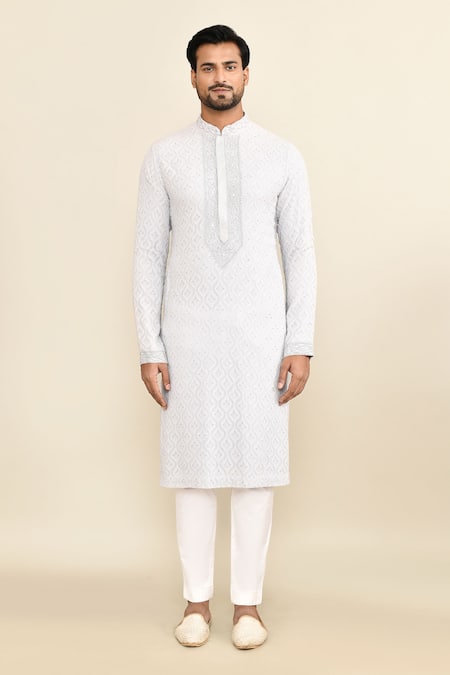 Kalighata_Gray Embroidery Grey Kurta Set _Online_at_Aza_Fashions