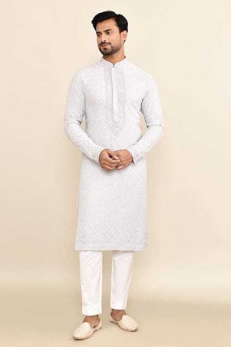 Shop_Kalighata_Gray Embroidery Grey Kurta Set _Online_at_Aza_Fashions