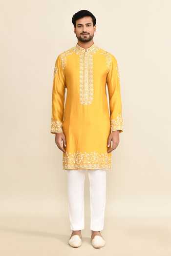 Kalighata_Yellow Chanderi Embroidery Floral Mustard Kurta Set _Online_at_Aza_Fashions