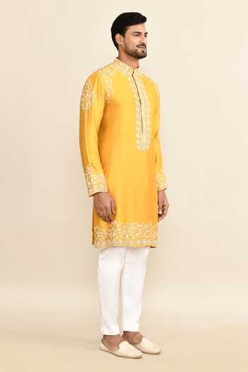 Buy_Kalighata_Yellow Chanderi Embroidery Floral Mustard Kurta Set _Online_at_Aza_Fashions